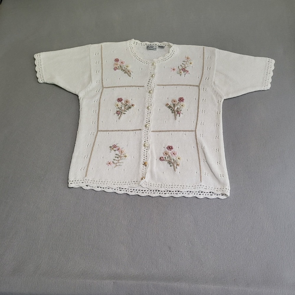 VTG Short Sleeve Embroidered Floral Sweater Cardigan Cottage Core Women's M